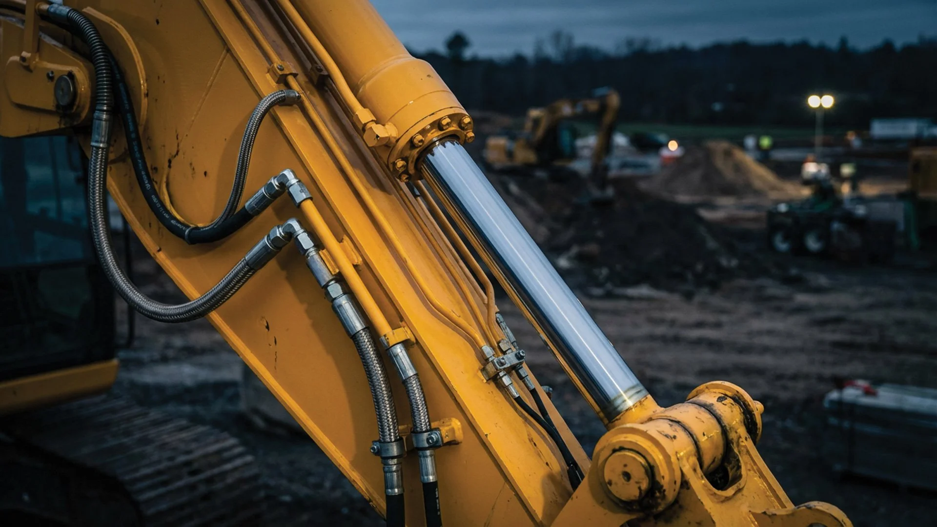 Close-up of hydraulic cylinder and high-pressure hoses on an excavator boom at a construction site.