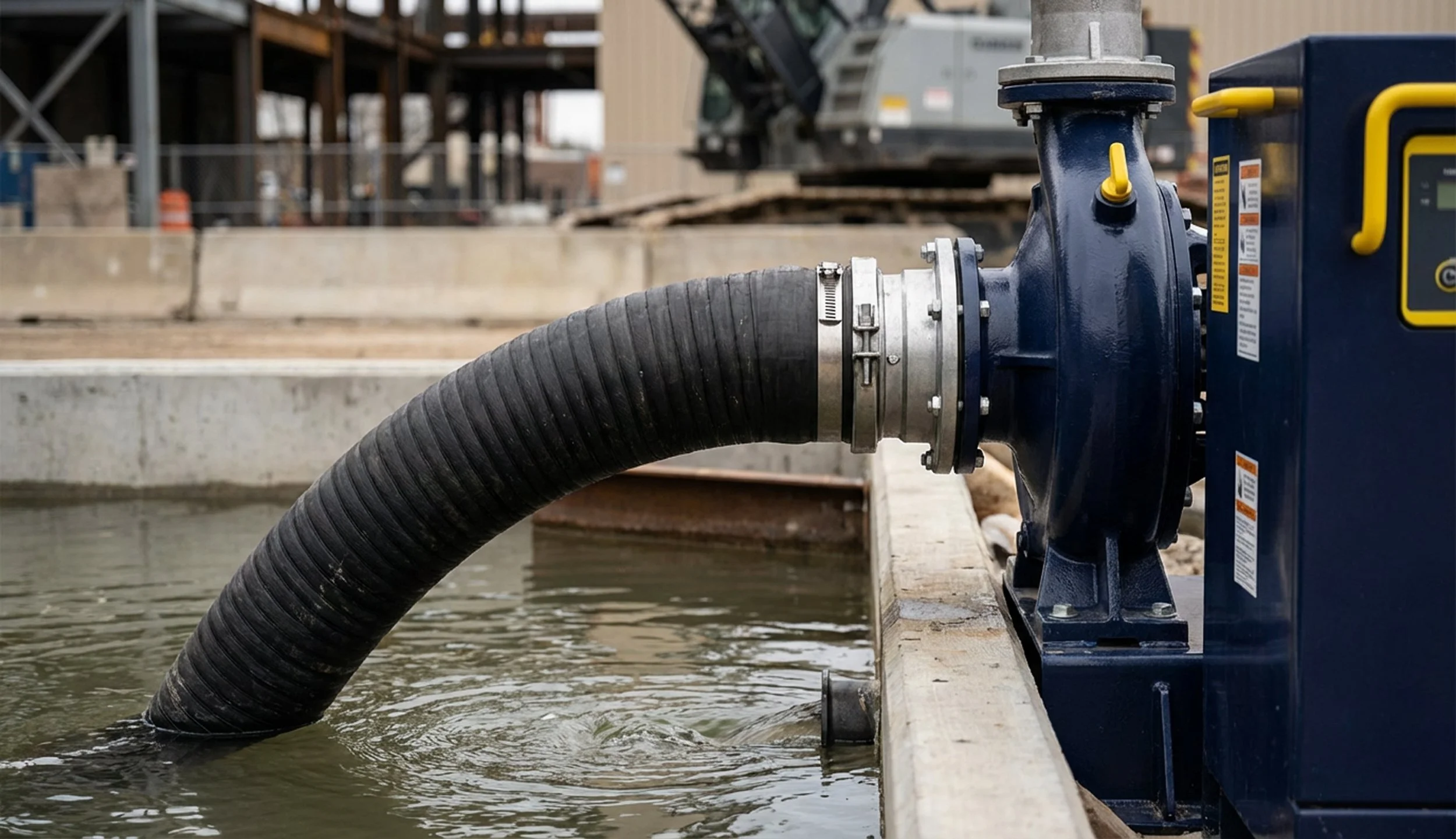 Heavy-duty industrial water suction hose connected to a pump on a construction site, used for high-volume water transfer.