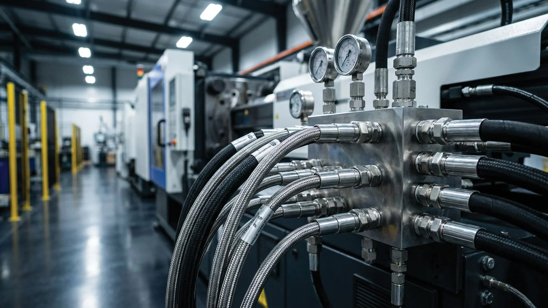 Hydraulic hoses and fittings connected to a manifold block on industrial automation equipment inside a modern factory.