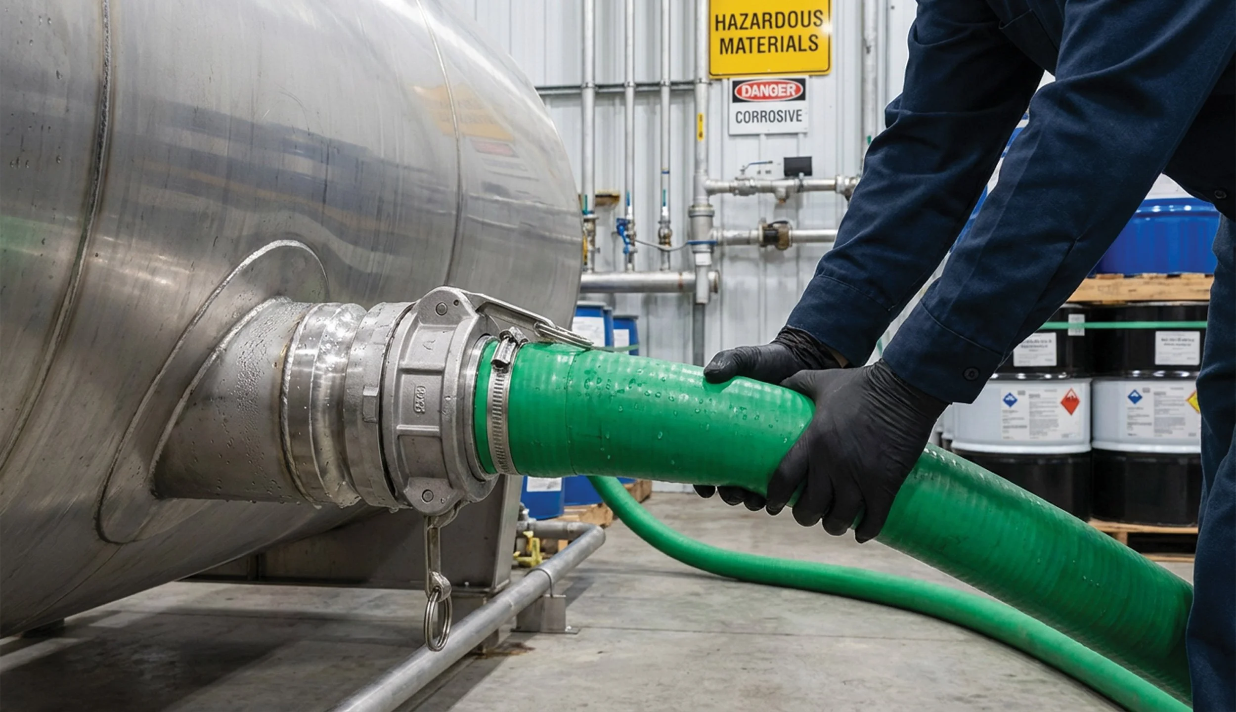 Technician wearing protective gloves positioning a green chemical-transfer hose into a stainless chemical tank port, surrounded by hazardous materials barrels in a processing plant.