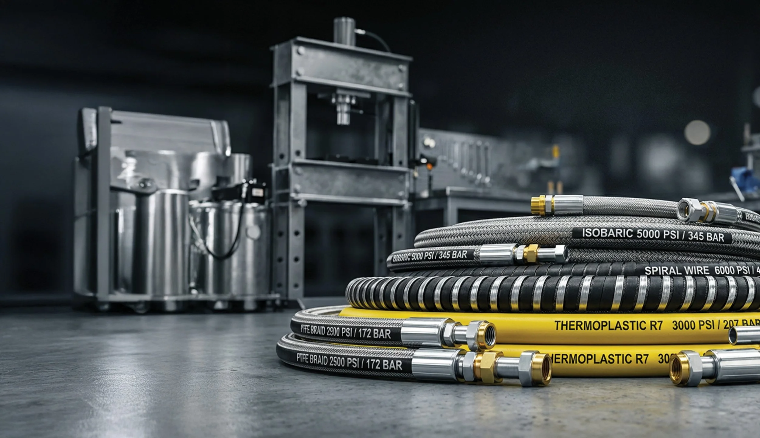 Industrial-grade hydraulic hoses, including isobaric, spiral wire, thermoplastic R7 hoses, and PTFE braided assemblies on a shop floor workbench.
