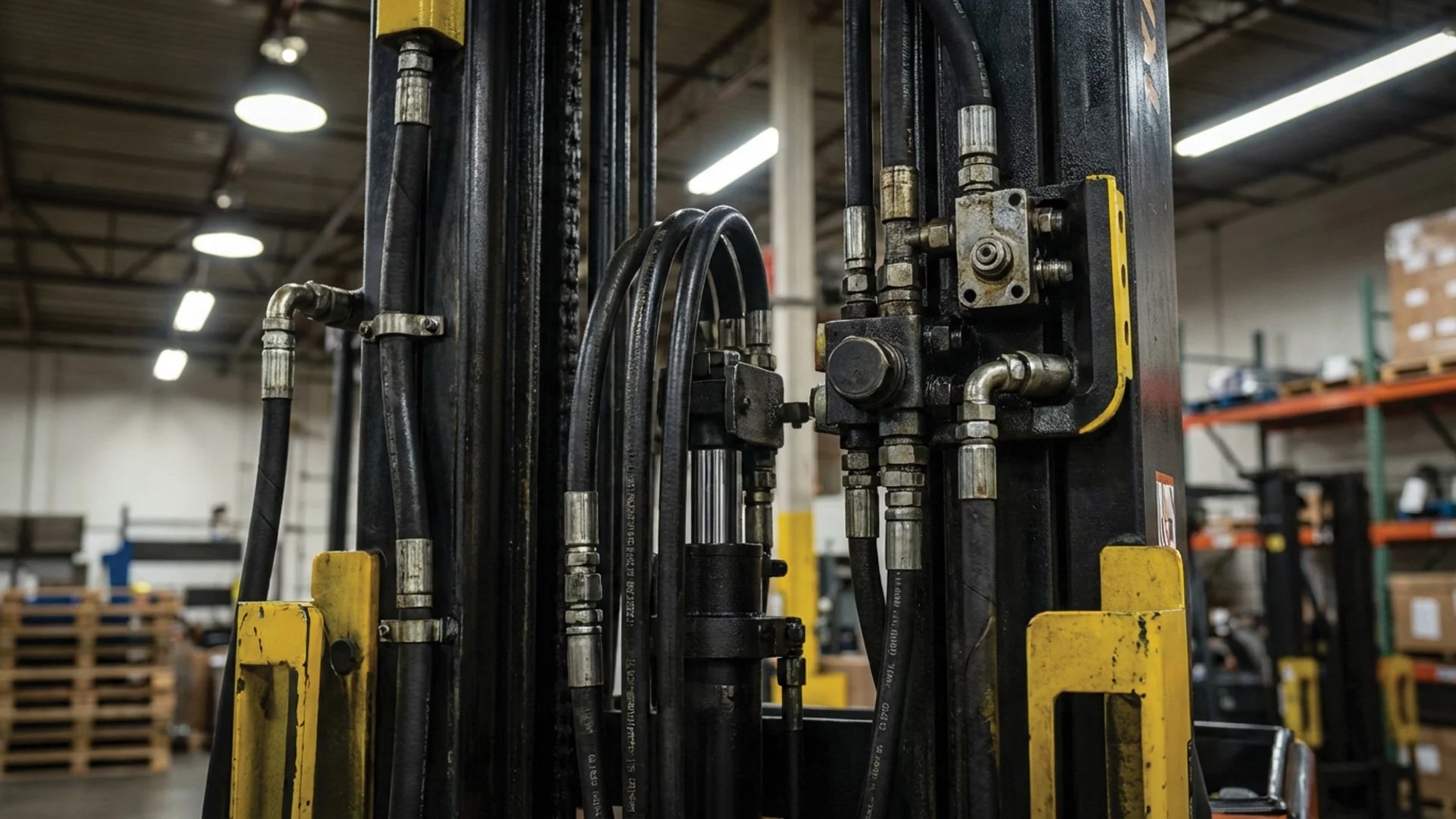 Close-up of hydraulic lift hoses on a forklift mast inside a warehouse environment.