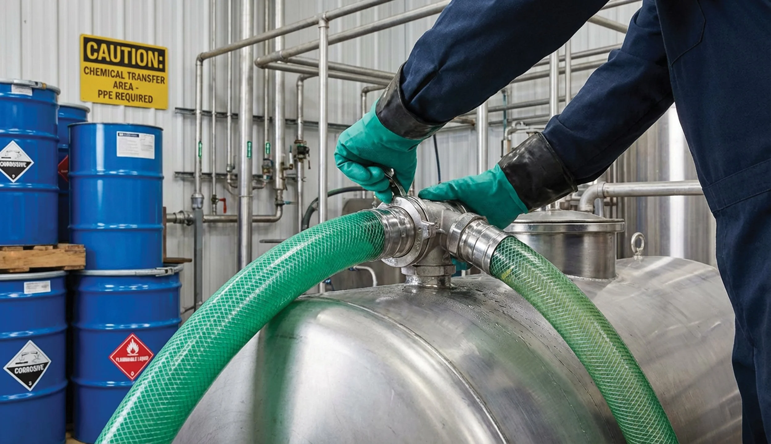 Worker in chemical PPE securing stainless-steel camlock fittings on a green chemical-grade transfer hose connected to a stainless holding tank inside an industrial chemical processing facility.