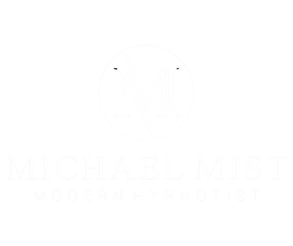 Logo for Michael Mist, Modern Hypnotist, featuring a circular emblem with stylized initials VM, on a black background.