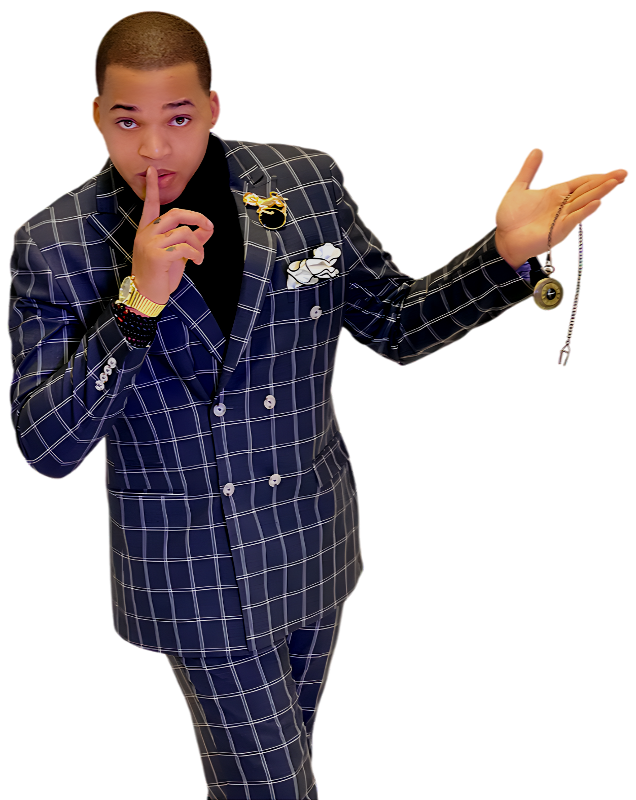 Young man in a navy blue checkered suit making a shushing gesture with his finger on his lips.