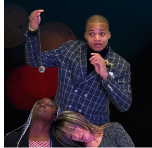 A man standing with his hand raised, surrounded by two women who appear to be resting or sleeping with their heads leaning on him, in a setting with a dark background and decorative spheres.