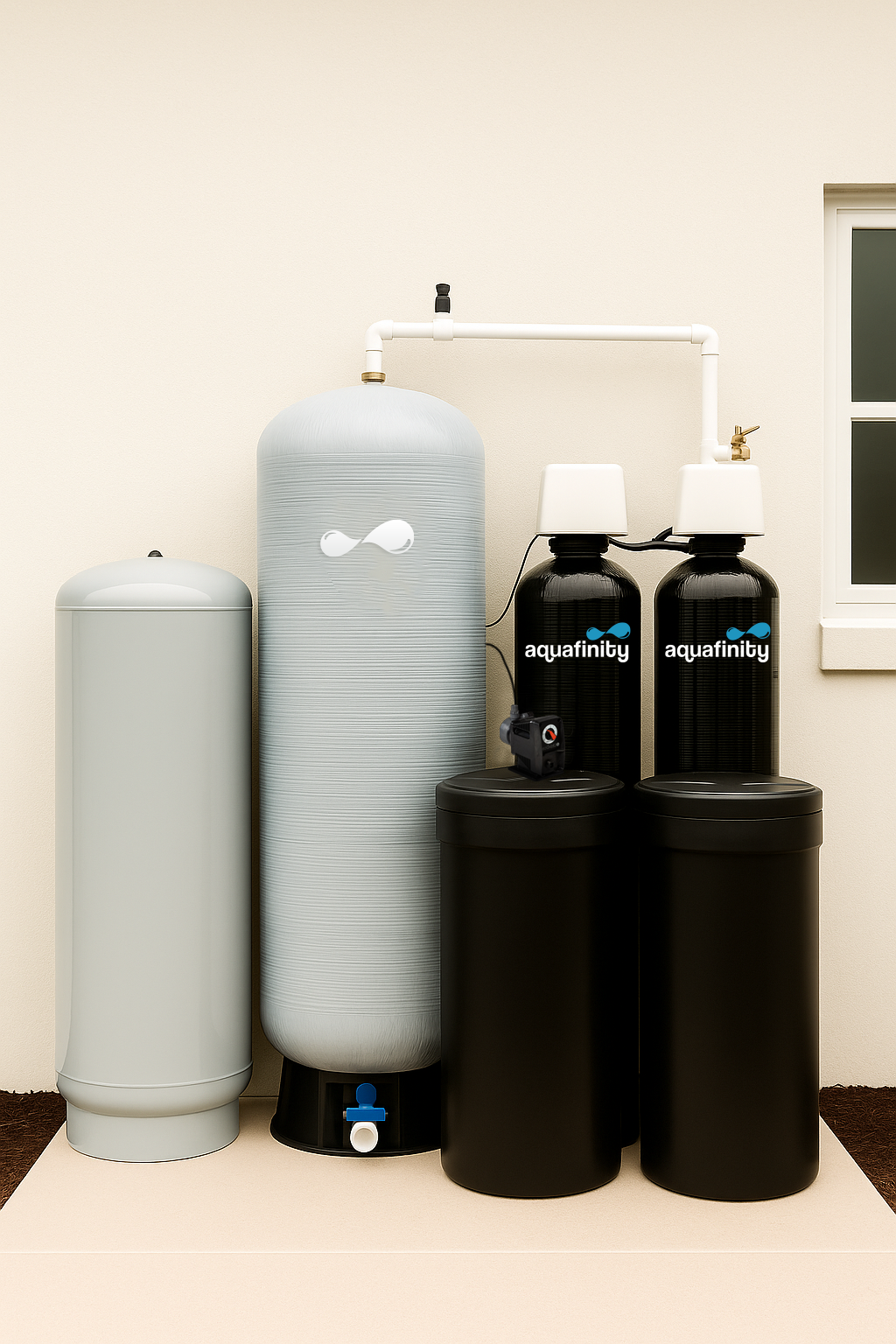 A water filtration and softening system with black, gray, and white tanks labeled 'Aquafinity,' connected by white pipes, situated near a window on a beige wall.
