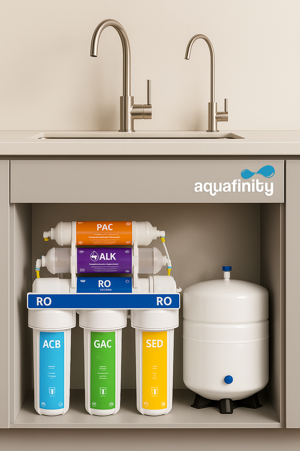 Under the kitchen sink, there is a water filtration system with labeled filters for ACB, GAC, and SED, and a separate storage tank to the right. The cabinet has a logo that says 'aquafinity' with a blue infinity symbol.