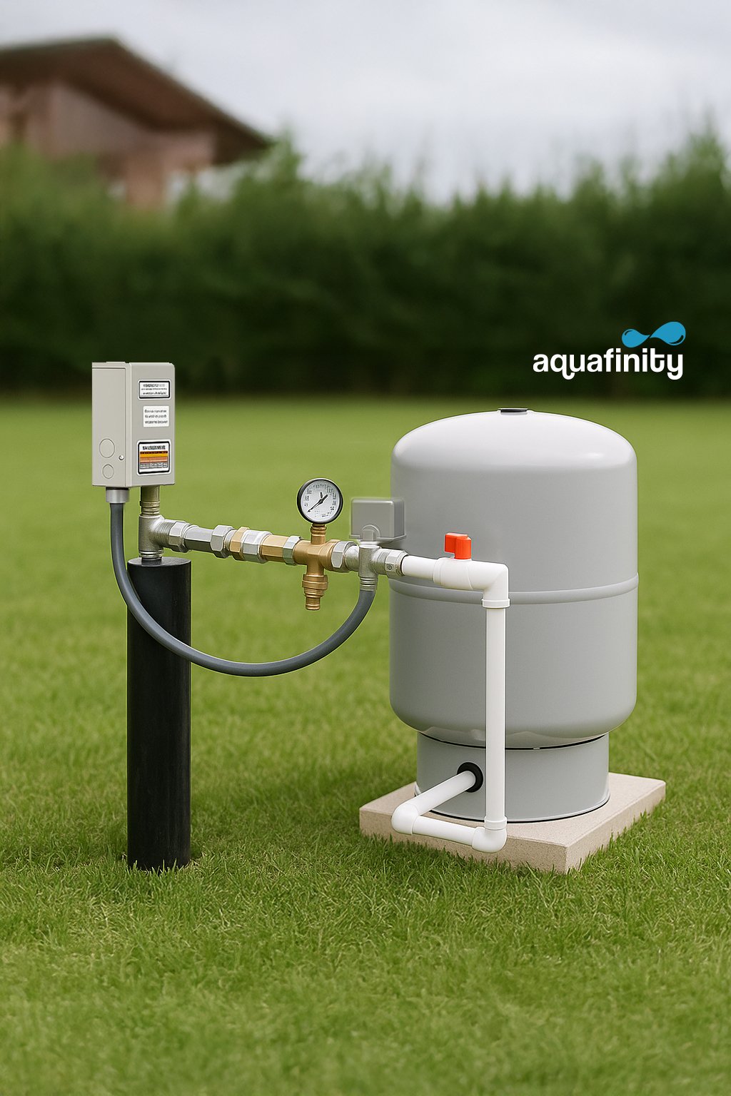 An outdoor water filtration system with a large gray tank, connected to pipes, a pressure gauge, and a control box, on a grassy lawn with a blurred background of a house and trees.