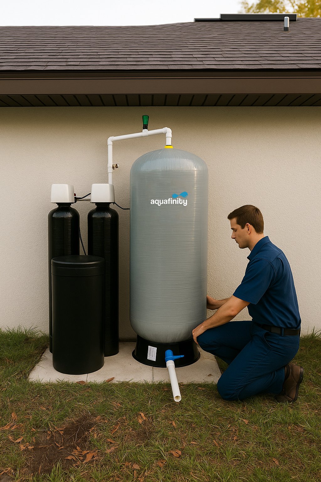 Man kneeling outside next to a large grey water filtration tank labeled 'Aquafinity' with black and white filtration units connected to it, near a beige house wall.