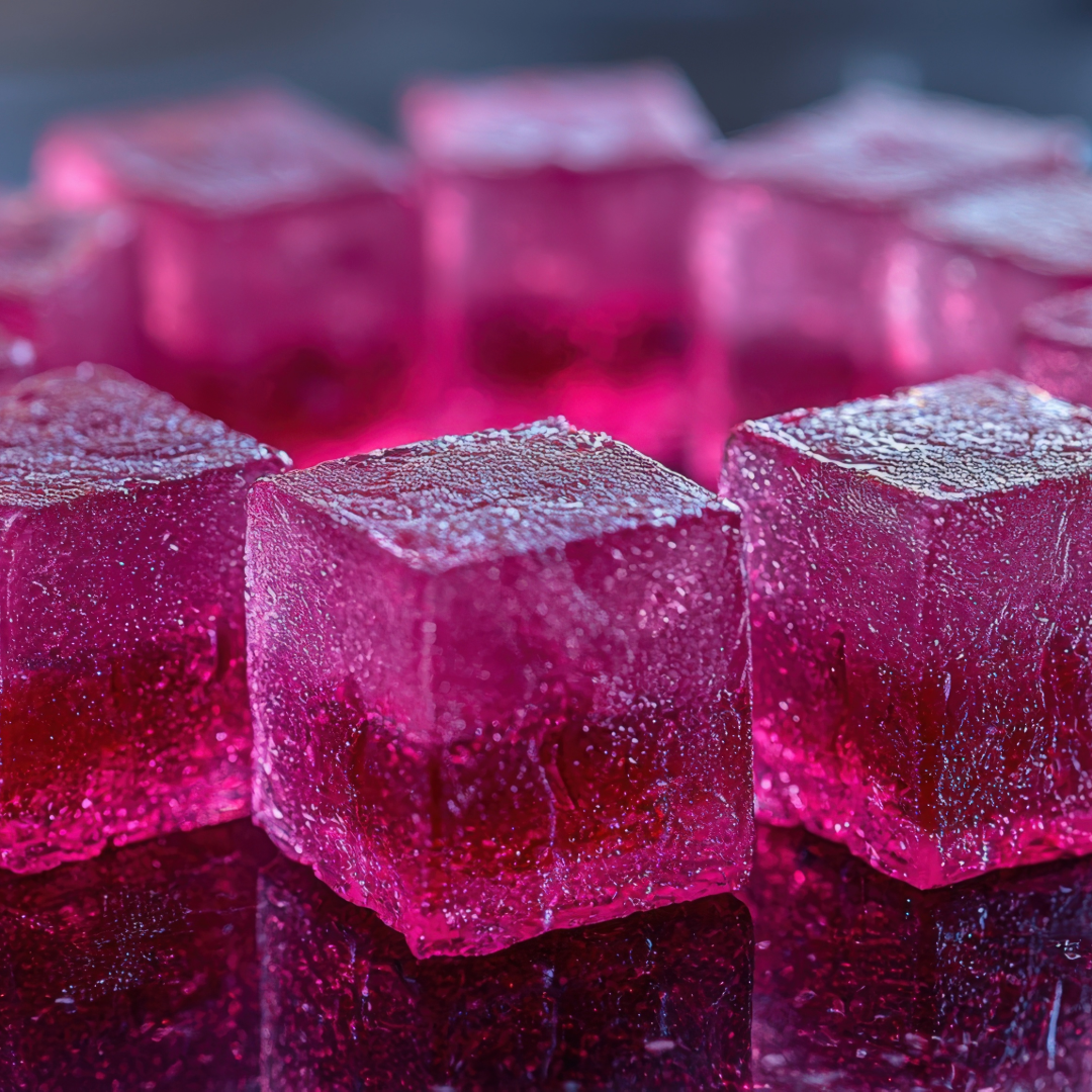 Close-up of pink ice cubes with condensation on a reflective surface.