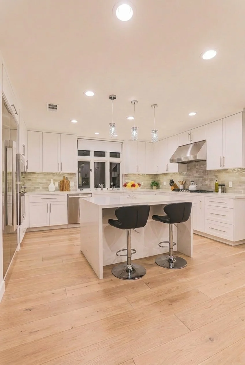 Bright kitchen remodel in Irvine with white shaker cabinets, quartz waterfall island, pendant lighting, and open-concept layout.