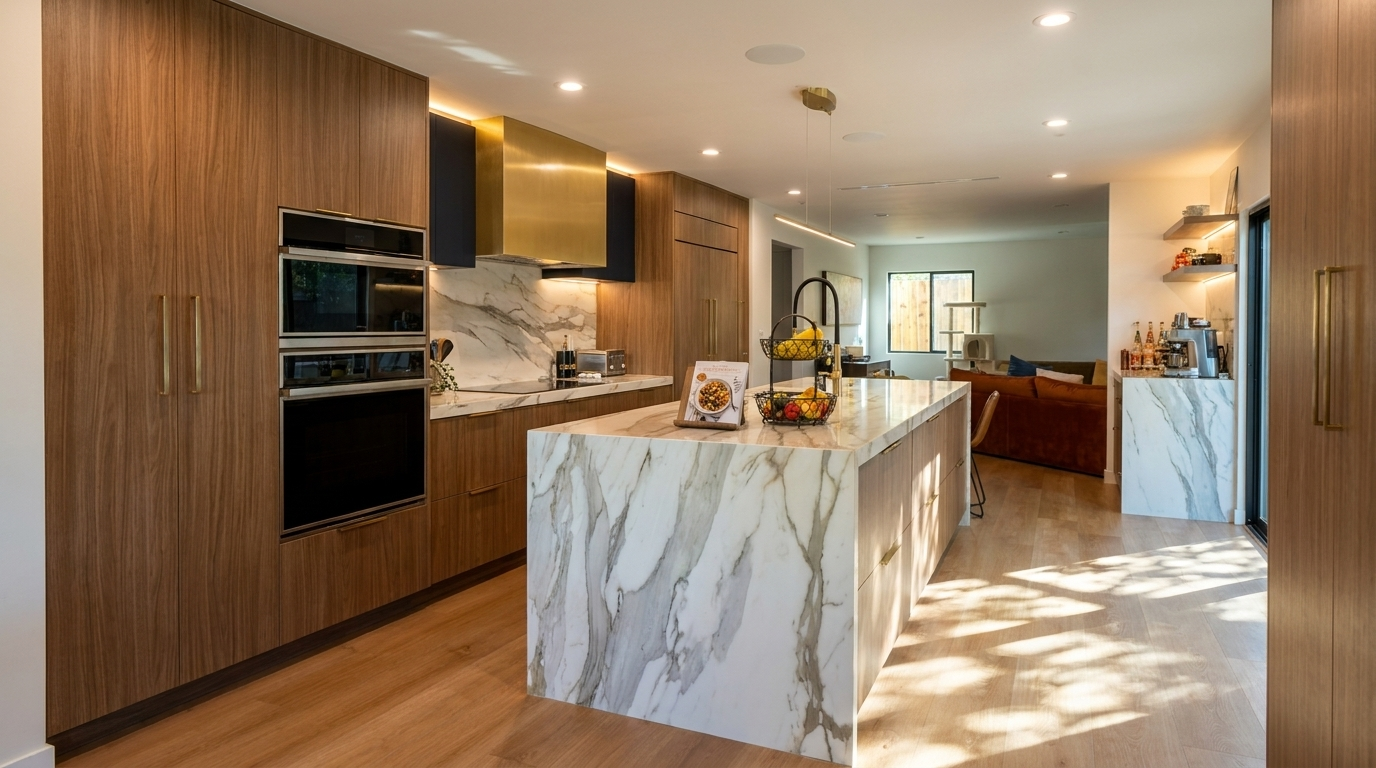 Modern kitchen remodel in Huntington Beach with marble waterfall island, custom wood cabinetry and luxury finishes