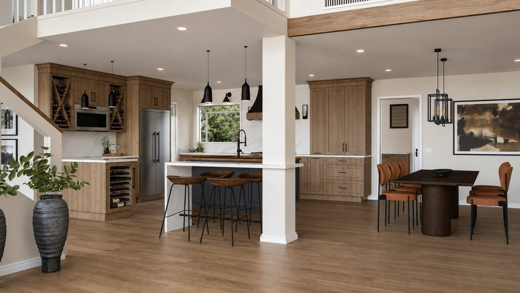 Modern open-concept kitchen and dining remodel featuring warm wood cabinetry, quartz countertops, black pendant lighting, wine storage, hardwood flooring, and a bright updated layout.