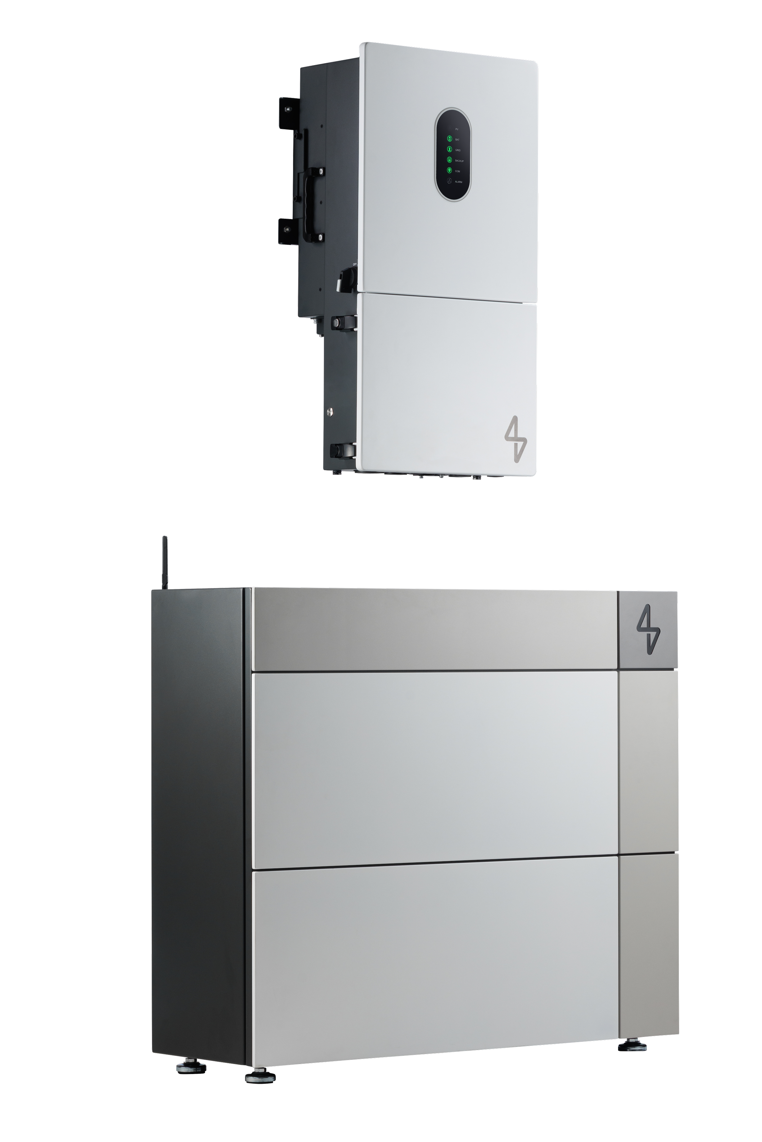 Two sleek, modern electric vehicle charging stations with a minimalist gray and silver design, featuring digital indicator lights and a lightning bolt symbol.