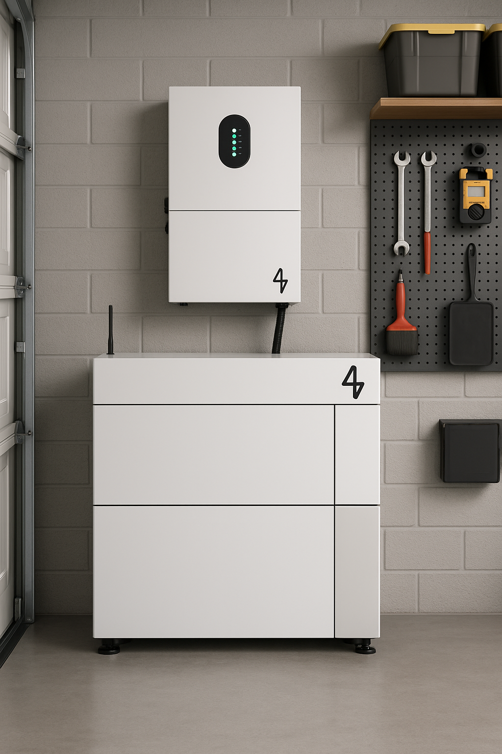 A modern home electrical system setup in a garage with a white electrical panel, a white cabinet, and a gray pegboard with tools and storage containers on a wall.