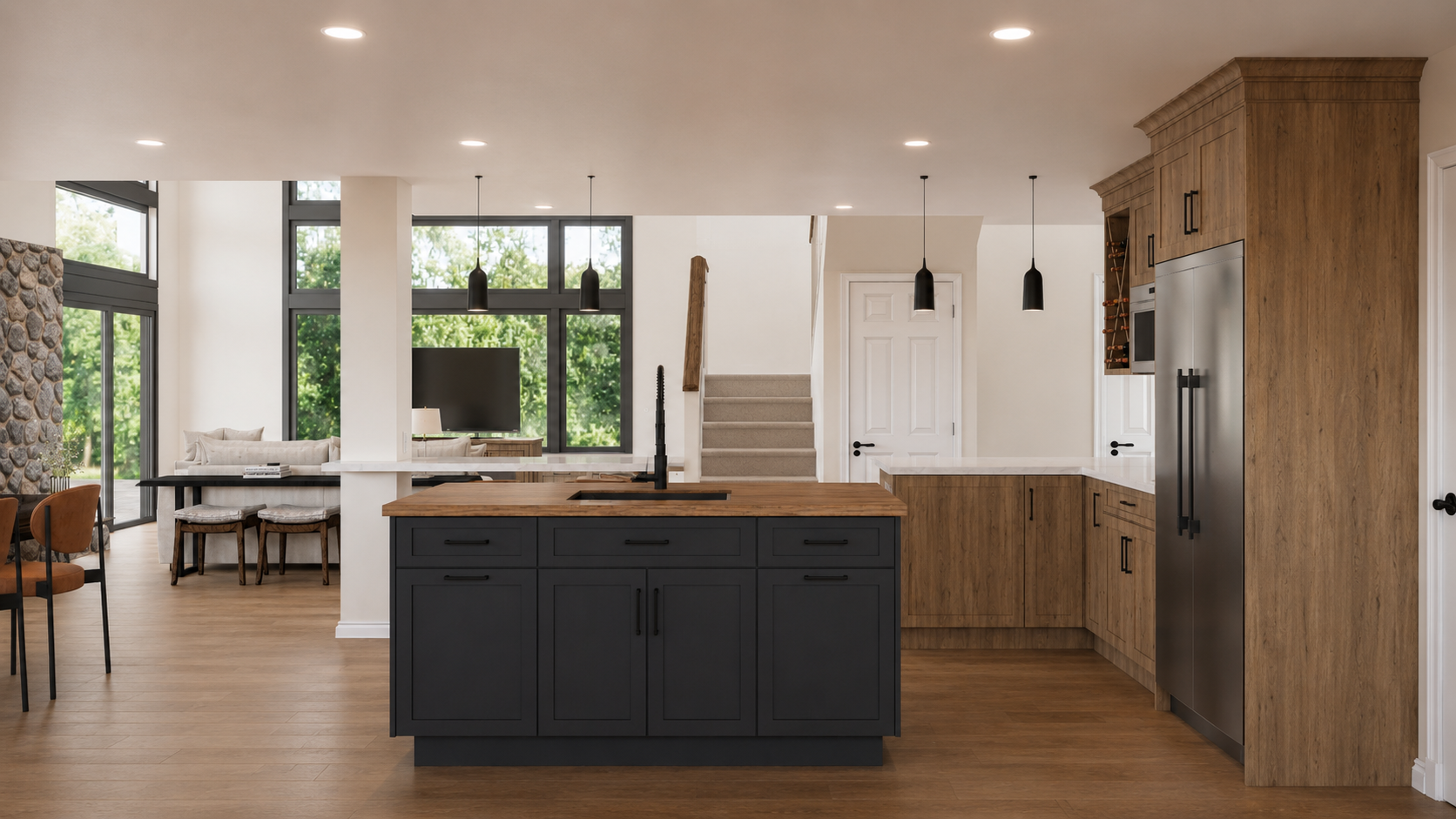 Modern open-concept kitchen remodel with black island, warm wood cabinetry, quartz countertops, black pendant lighting, stainless steel refrigerator, hardwood flooring, and bright living area.