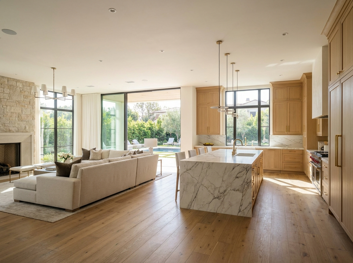 Luxury Orange County home remodel featuring an open-concept kitchen and living room, marble waterfall island, custom wood cabinetry, stone fireplace, and expansive indoor-outdoor living.