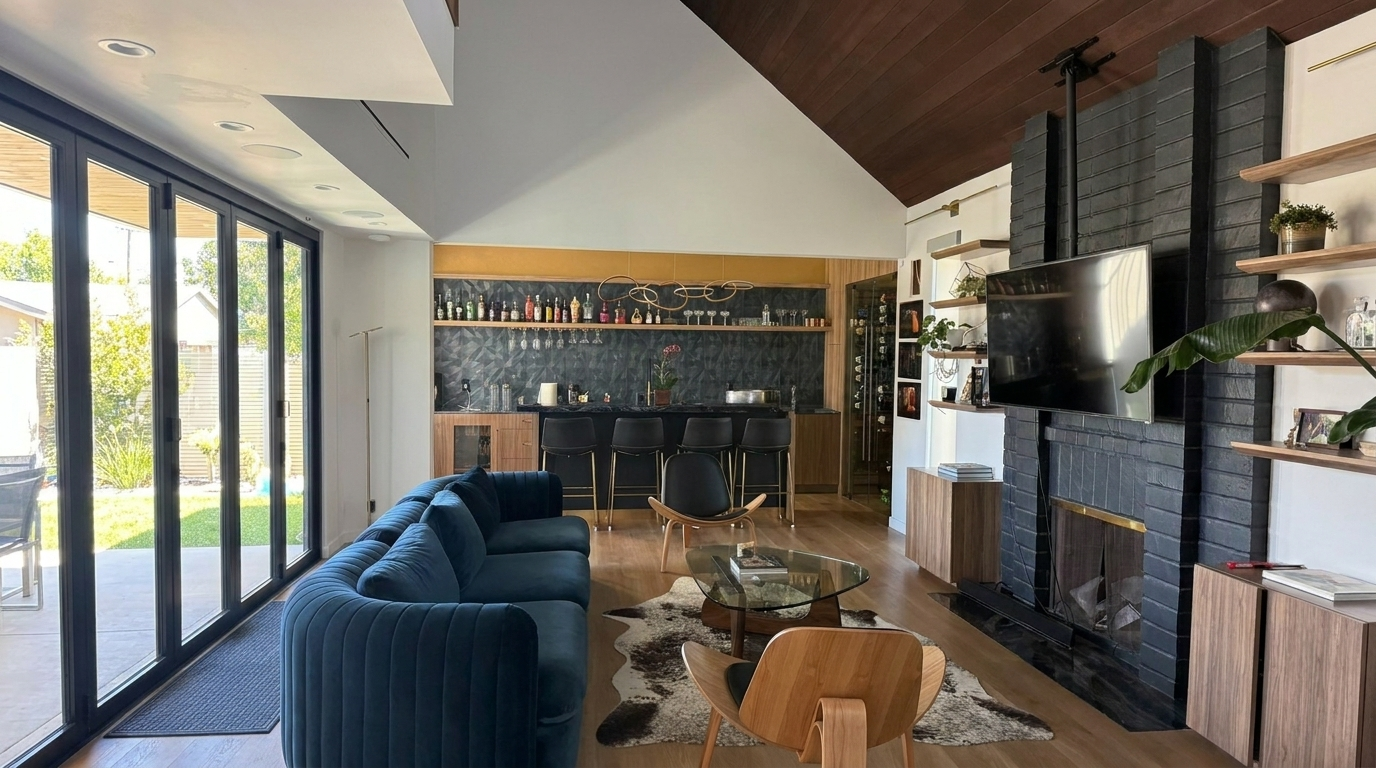 Modern Laguna Beach living room with indoor-outdoor sliding glass doors, vaulted ceiling, black brick fireplace, and custom bar area