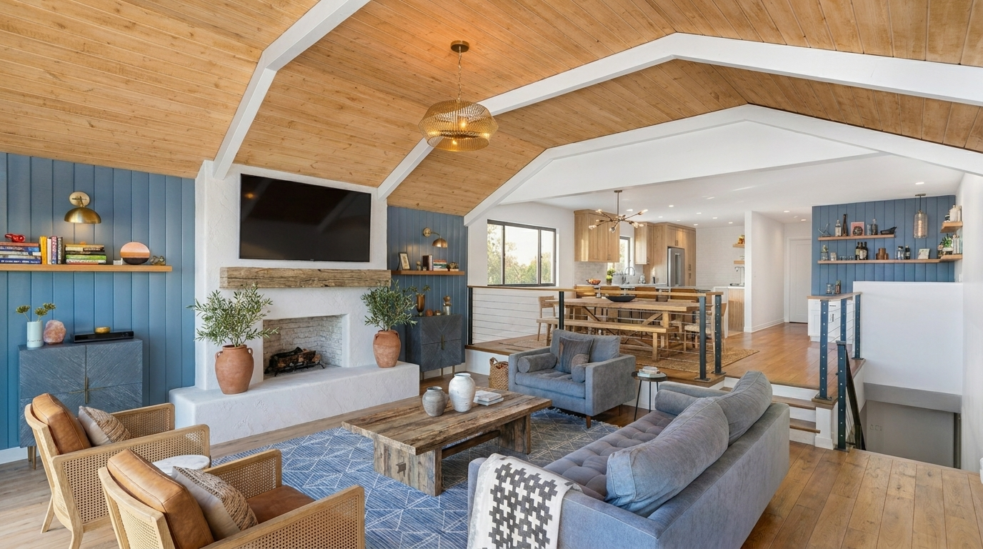 Modern whole home remodel with vaulted wood ceiling, custom fireplace, open living room, and kitchen renovation in Orange County home