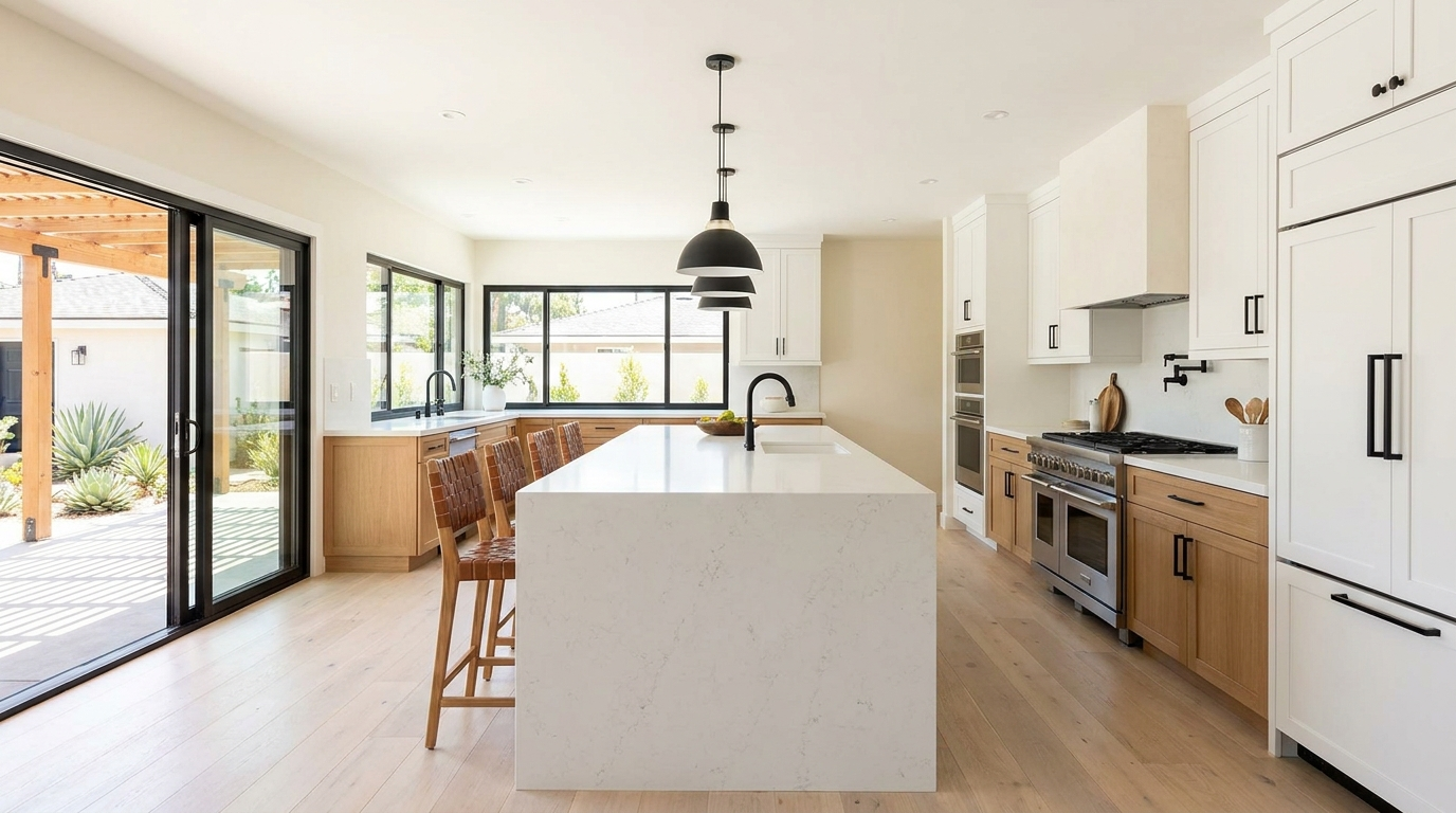Bright open-concept kitchen remodel with large quartz waterfall island, white shaker cabinets, light wood lower cabinetry, black pendant lights, sliding glass doors, and indoor-outdoor flow