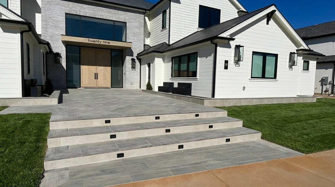 Modern luxury home exterior with large-format gray porcelain tile entry steps, contemporary white siding, black framed windows, custom wood double front doors, and sleek outdoor wall sconces on a newly remodeled residence.