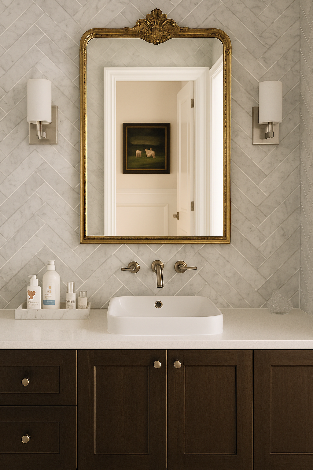 Dark bathroom cabinetry,  bathroom vanity with a mirror, two wall sconces, a white sink, gold accents, modern bespoke bathroom vanity design.