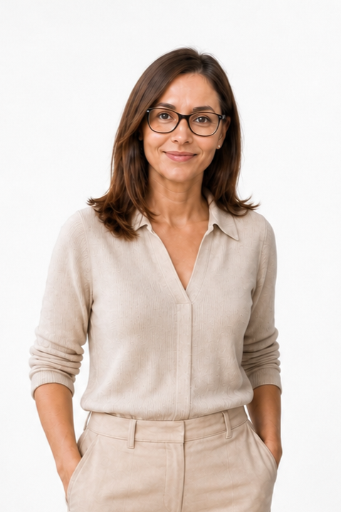 Woman with brown hair wearing glasses, a beige blouse, and pants, standing with hands in pockets against a white background.