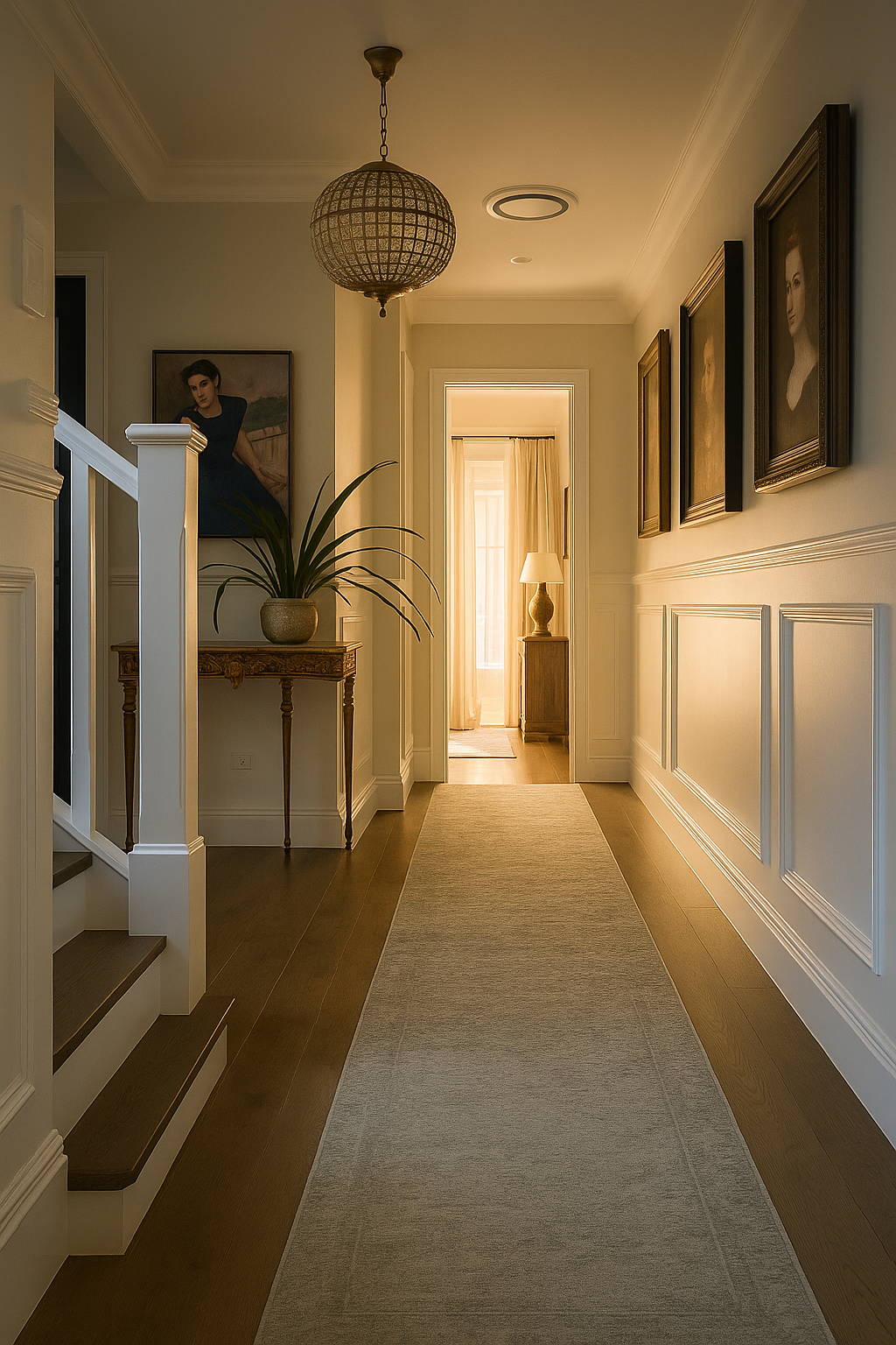 Bright hallway with wooden flooring, framed portraits a potted plant on an ornate wooden table on the left, and a doorway with curtains at the end. Shaker panel wall detailing. Modern family home.