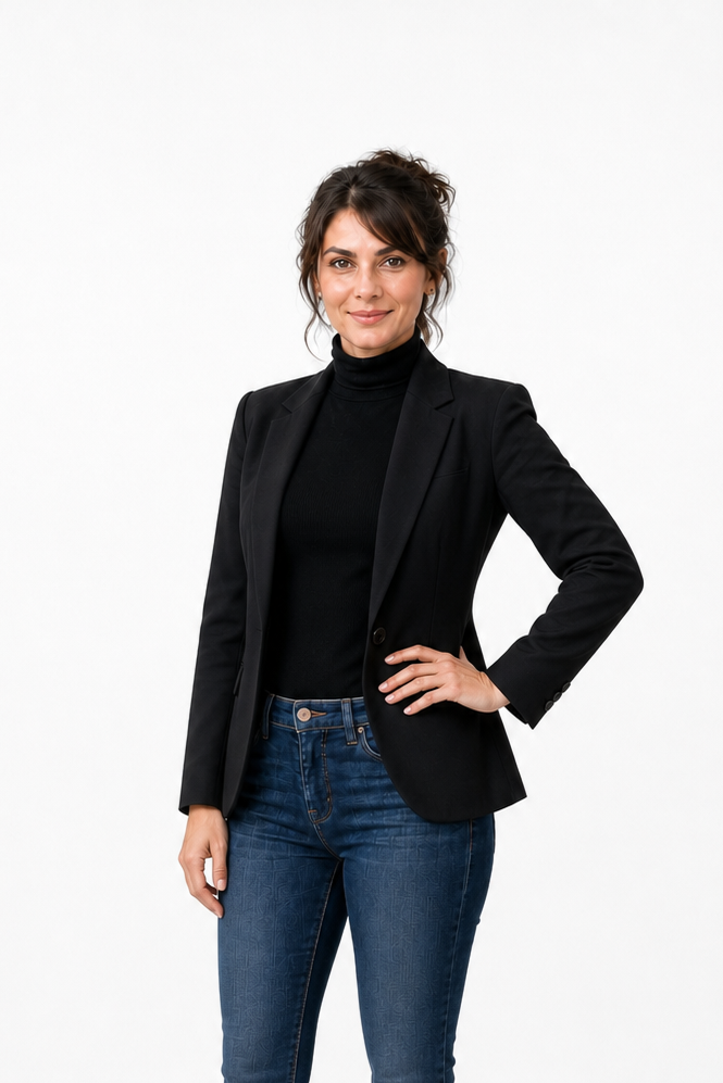 A woman with dark brown hair styled in a messy bun, wearing a black turtleneck and blazer, paired with blue jeans, standing against a white background.