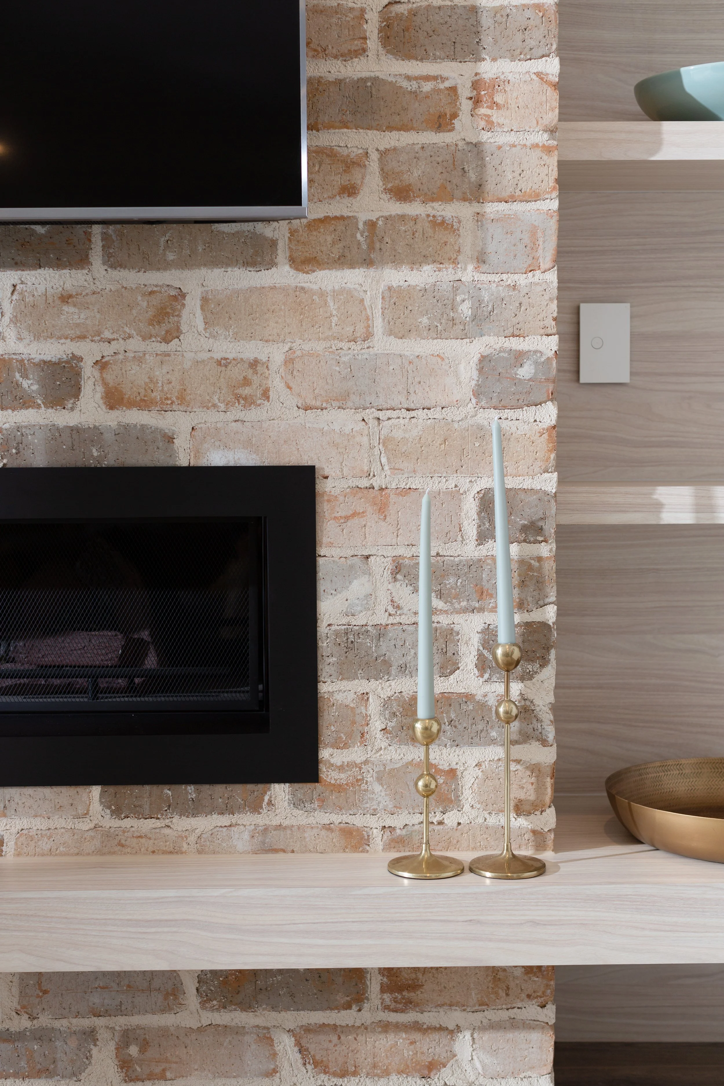 brick tv unit with fireplace