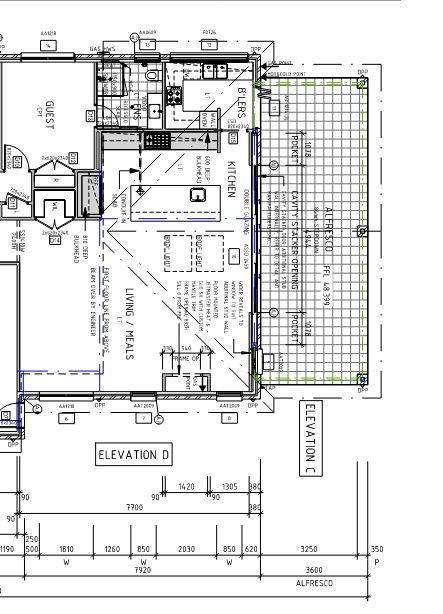 Architectural floor plan of a house showing rooms such as living room, kitchen, bedrooms, bathrooms, and an outdoor patio, with measurements and construction details.