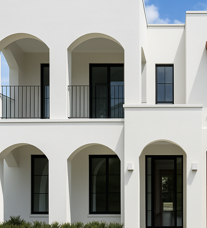 White modern home building with arched doorways and black-framed windows, some with balconies and black railings, under a blue sky.