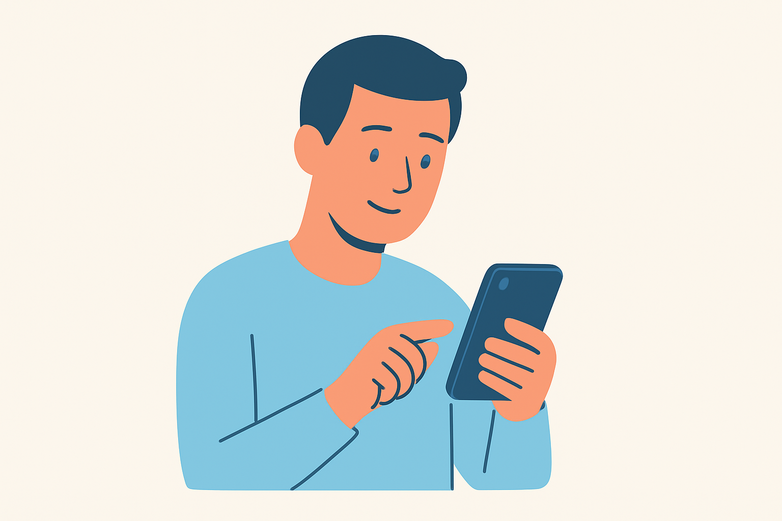 An illustrated person with dark hair, wearing a light blue shirt, looking at and using a smartphone.