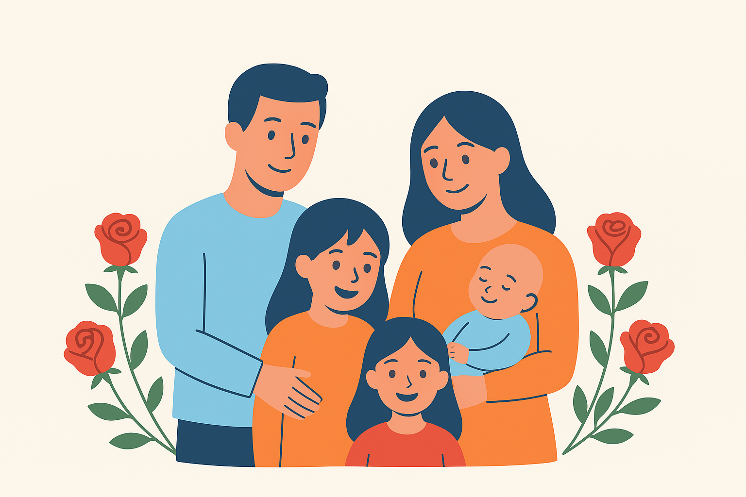 Illustration of a family of five with three children, surrounded by red roses, smiling and standing close together.