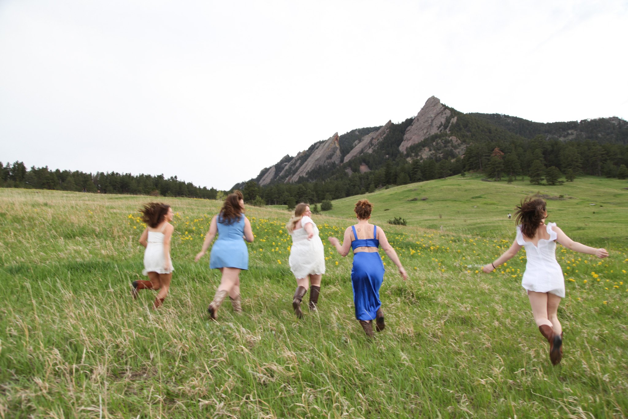 Six women in dresses running through a green meadow with yellow flowers, with rocky mountains and trees in the background.