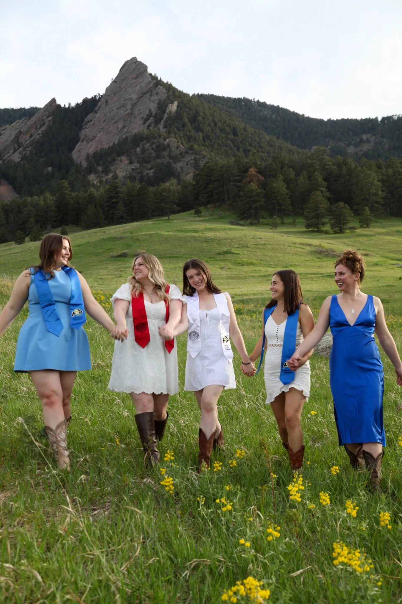 A group of five women holding hands and walking through a green field with yellow flowers, mountains, and trees in the background.