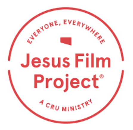 Logo for the Jesus Film Project with red text and a circular design, stating "Everyone, Everywhere" and "A CRU Ministry."