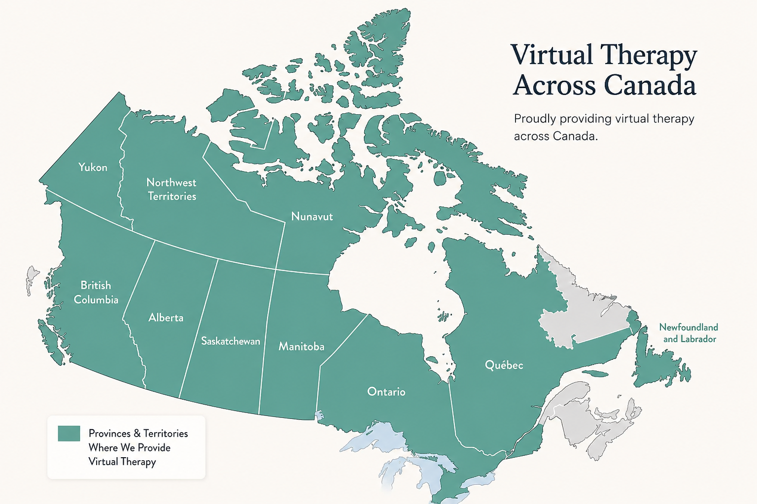 Map of Canada highlighting provinces and territories where virtual therapy is provided, including Yukon, Northwest Territories, Nunavut, British Columbia, Alberta, Saskatchewan, Manitoba, Ontario, Quebec, Newfoundland and Labrador, and parts of the Atlantic. The title says "Virtual Therapy Across Canada" and the subtitle notes virtual therapy service across the country.