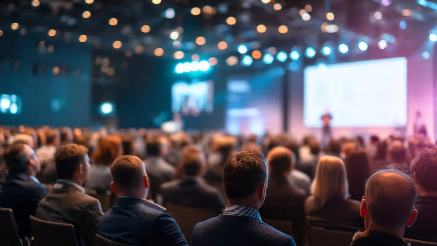 A large group of people attending a conference or seminar, seated and facing a stage with a speaker, in a dimly lit room with blue and purple lighting and a large screen.