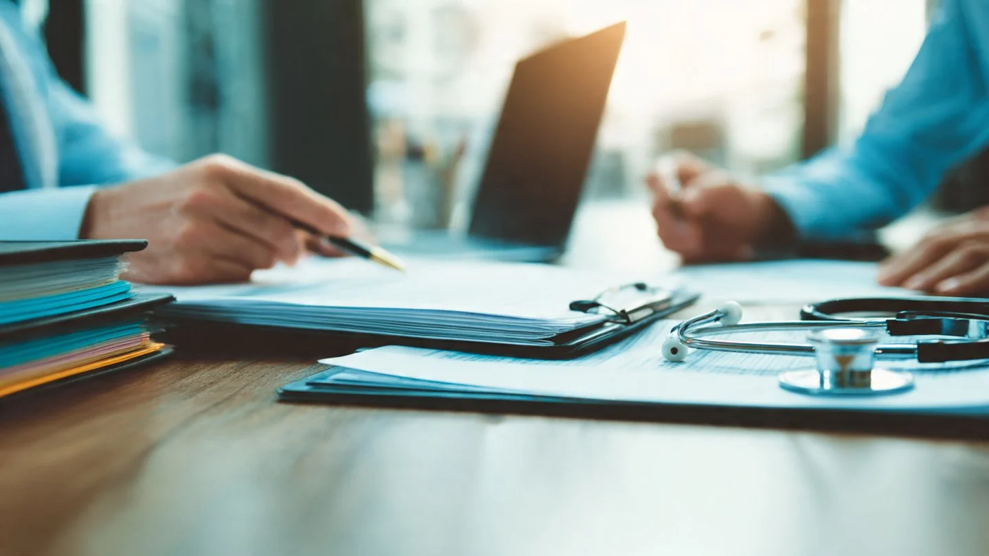 Healthcare professionals discussing documents at a wooden table, with a stethoscope, earphones, and a tablet nearby.