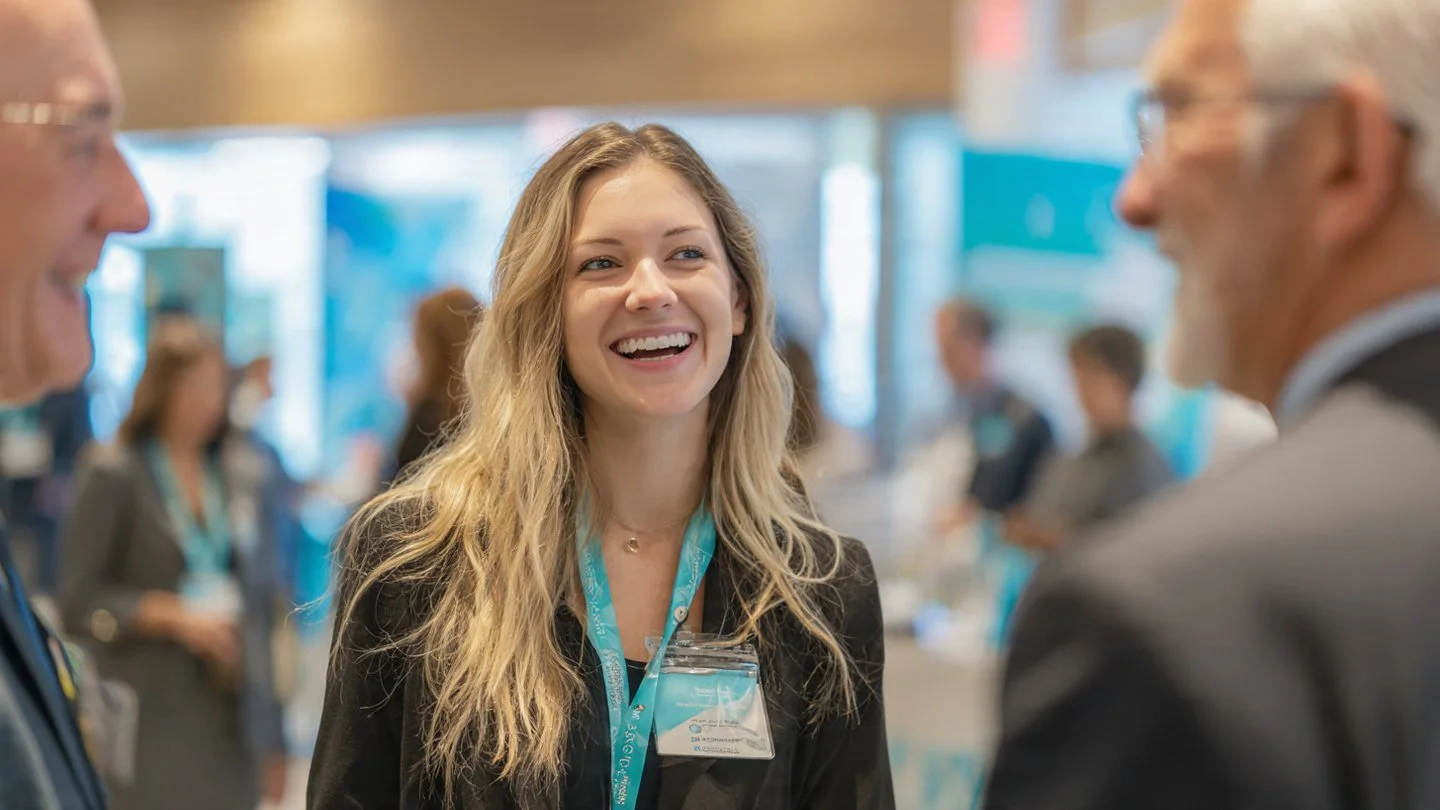 A young woman with long blonde hair smiling and talking to two men at a conference or professional event.