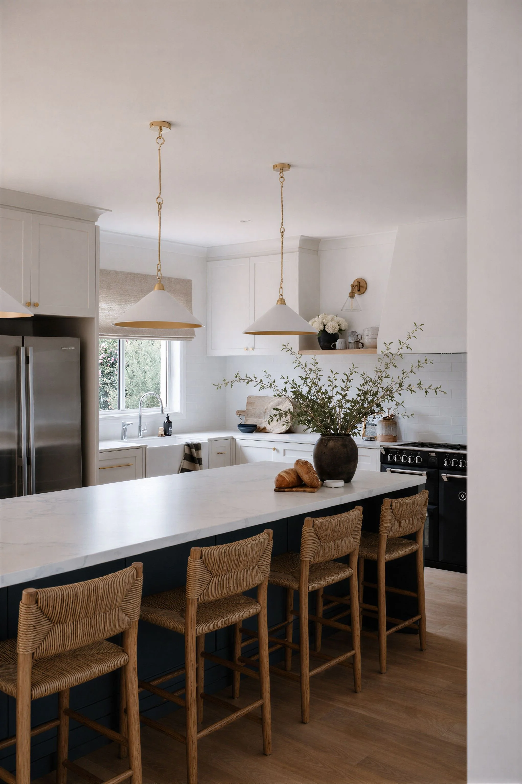 Oak & Olive Homes interior design showcasing a bright modern farmhouse kitchen with white cabinetry, brass pendant lighting, dark island, woven counter stools, natural wood floors, and organic greenery. Elegant neutral kitchen renovation with timeles
