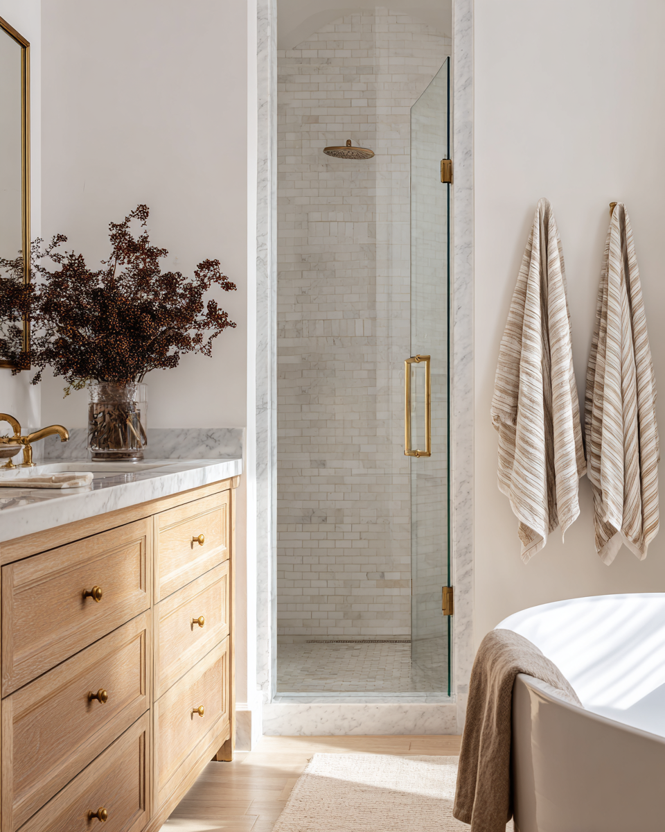 A warm elegant bathroom with a bathtub and a marble shower, accented by stylish decor, brass fittings and a clean, organised layout