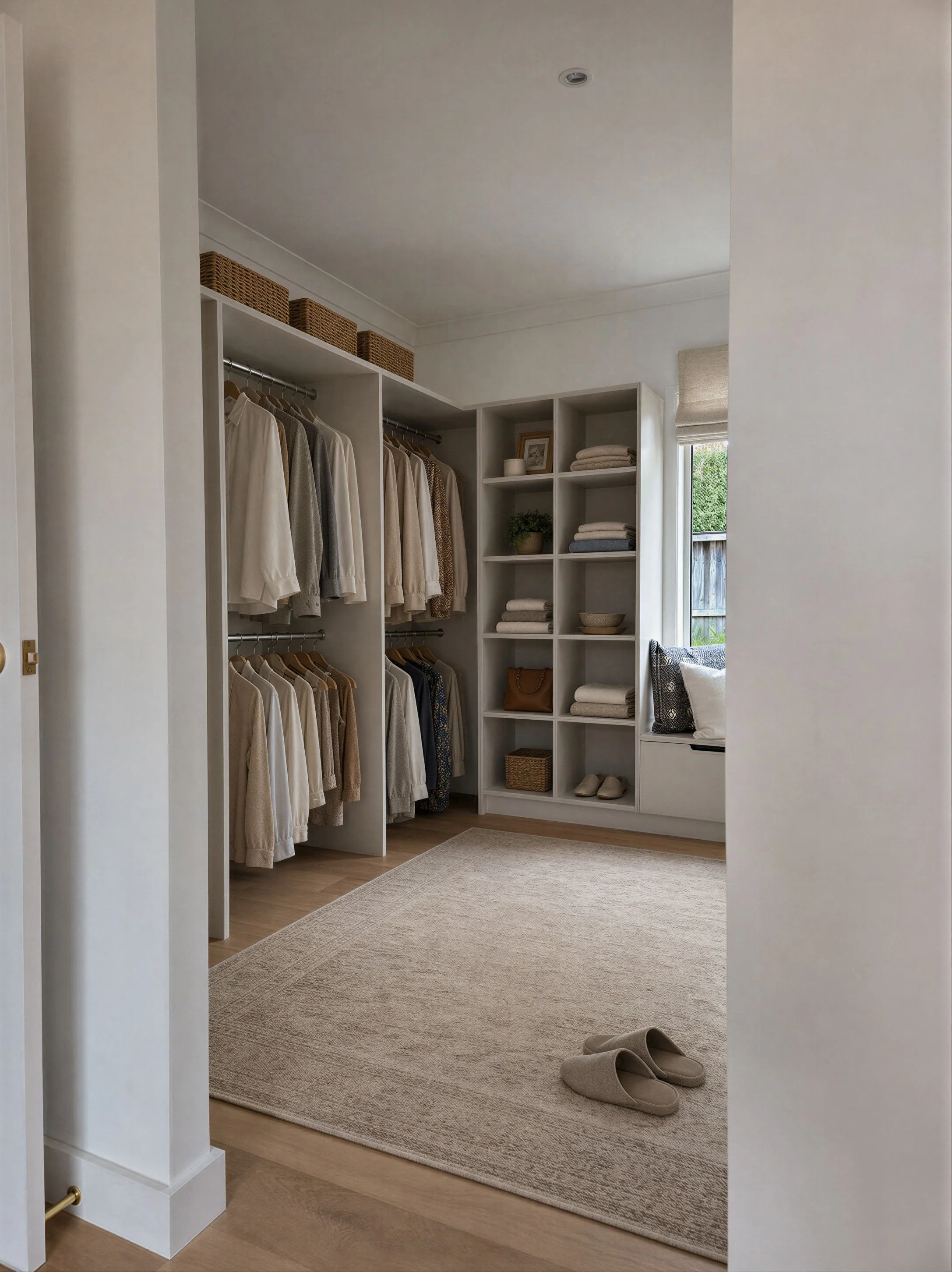 Oak & Olive Homes walk-in wardrobe design featuring custom built-in closet storage, neutral-toned hanging clothes, open shelving, and a cozy window bench with soft textiles. This serene luxury dressing room blends natural light, warm wood flooring, b