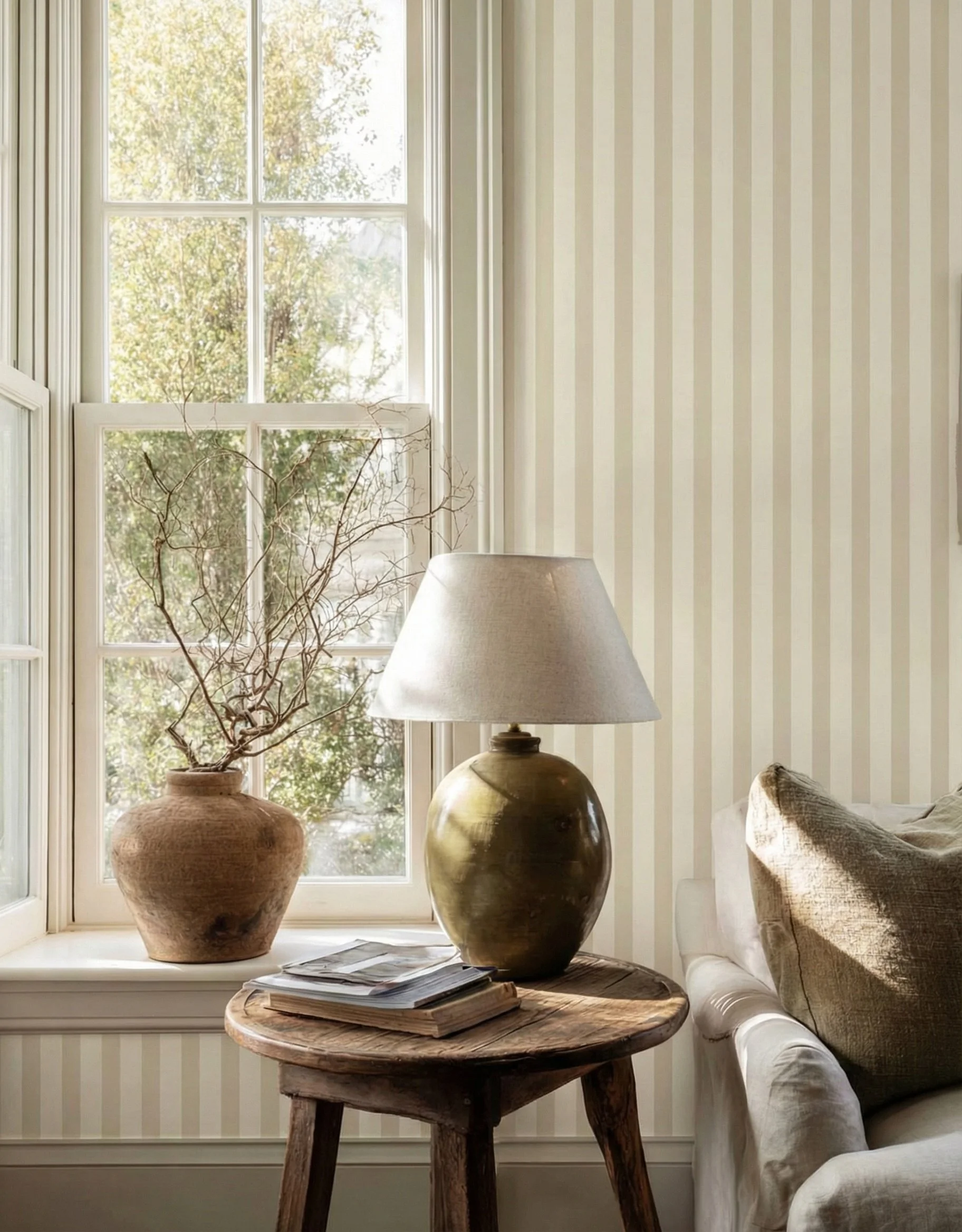 Sunlit rustic living room corner with striped beige wallpaper, white-framed window, wooden side table, brass lamp, and ceramic vase with dried branches. Cozy farmhouse interior decor featuring neutral tones, cream sofa, stacked books, and natural lig