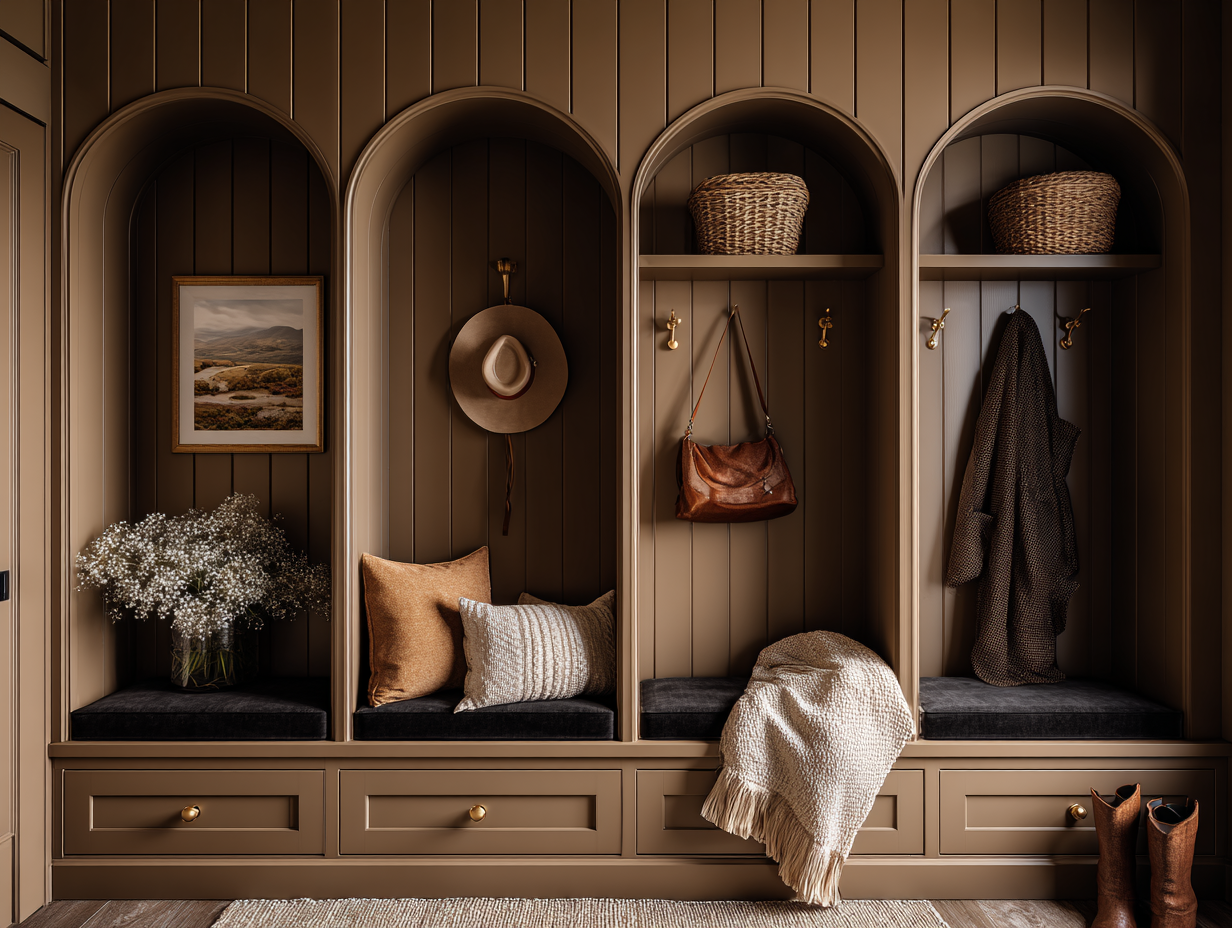 caramel mudroom by Oak & Olive Homes. Modern farmhouse vibe with hanging coats, bags, hats on antique brass hooks