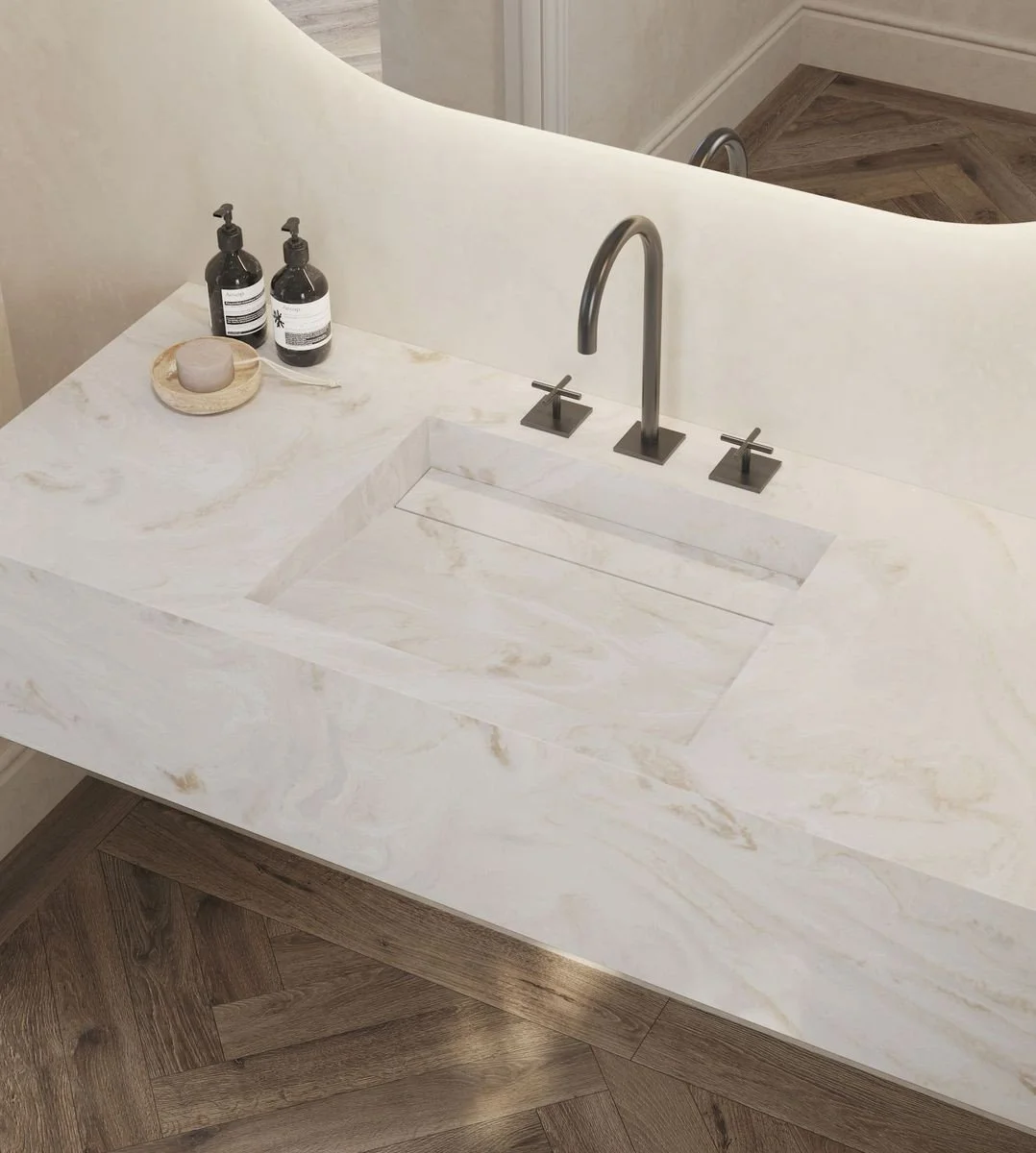 integrated solid surface corian sink and benchtop