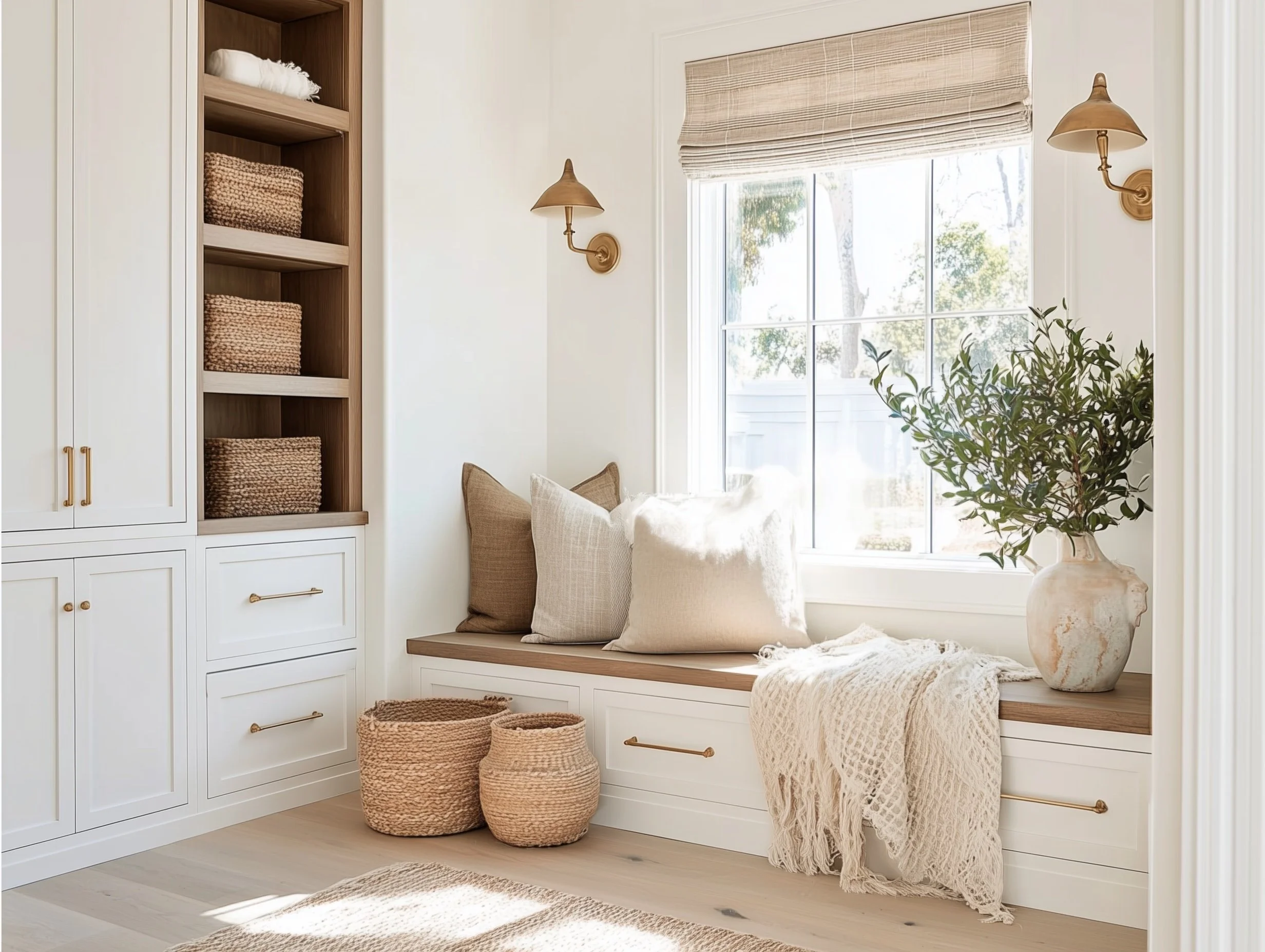 Bright and airy reading nook with built-in white cabinetry, wood accents, and woven storage baskets. Features a cushioned bench under a window with Roman shade, soft throw, neutral pillows, and a ceramic vase with greenery.