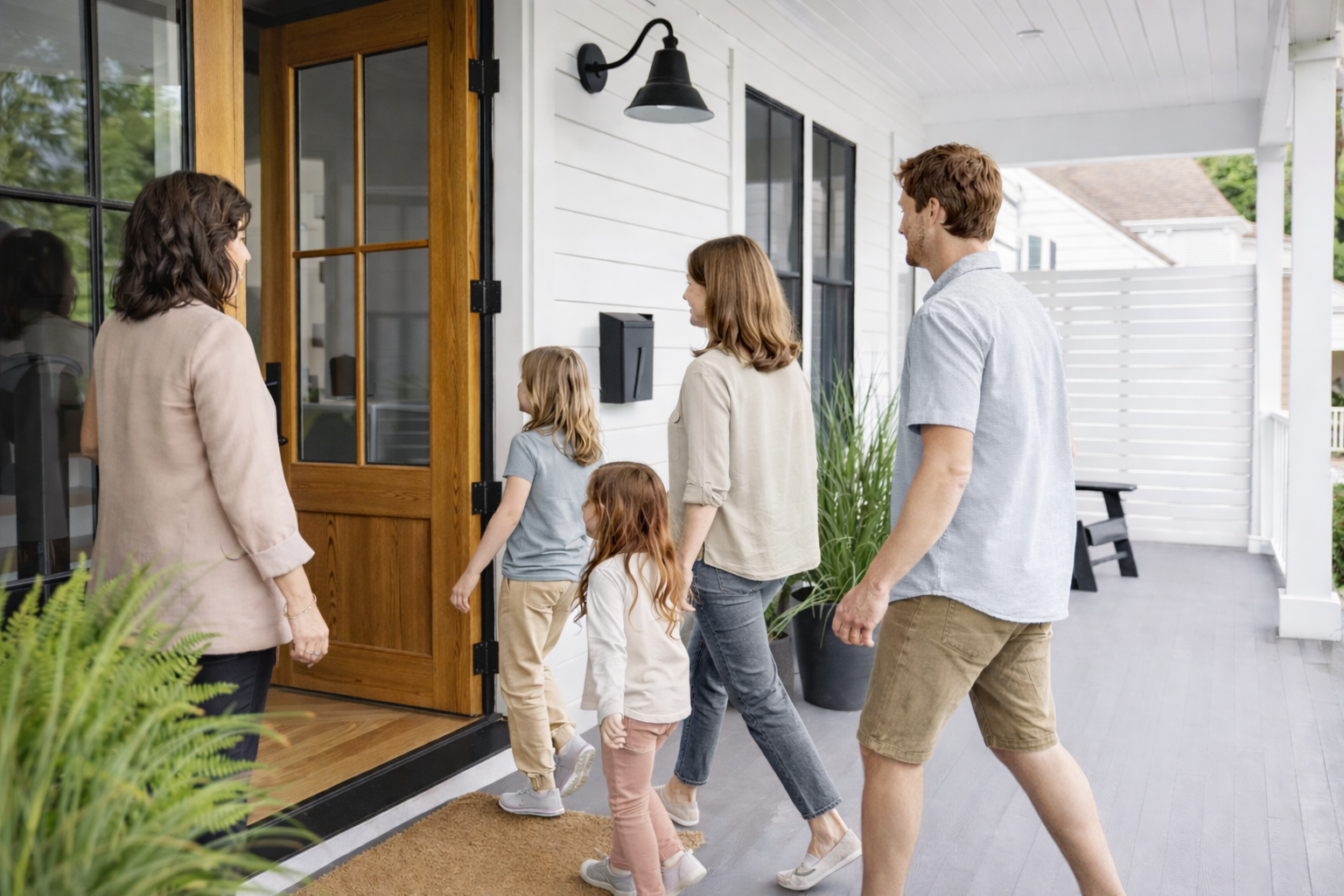 young family entering a white country home that is for sale